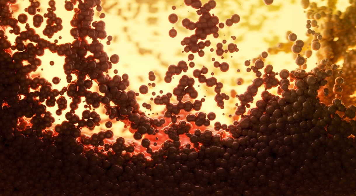 Dynamic abstract image of molecules with vibrant warm tones, highlighting scientific visualization